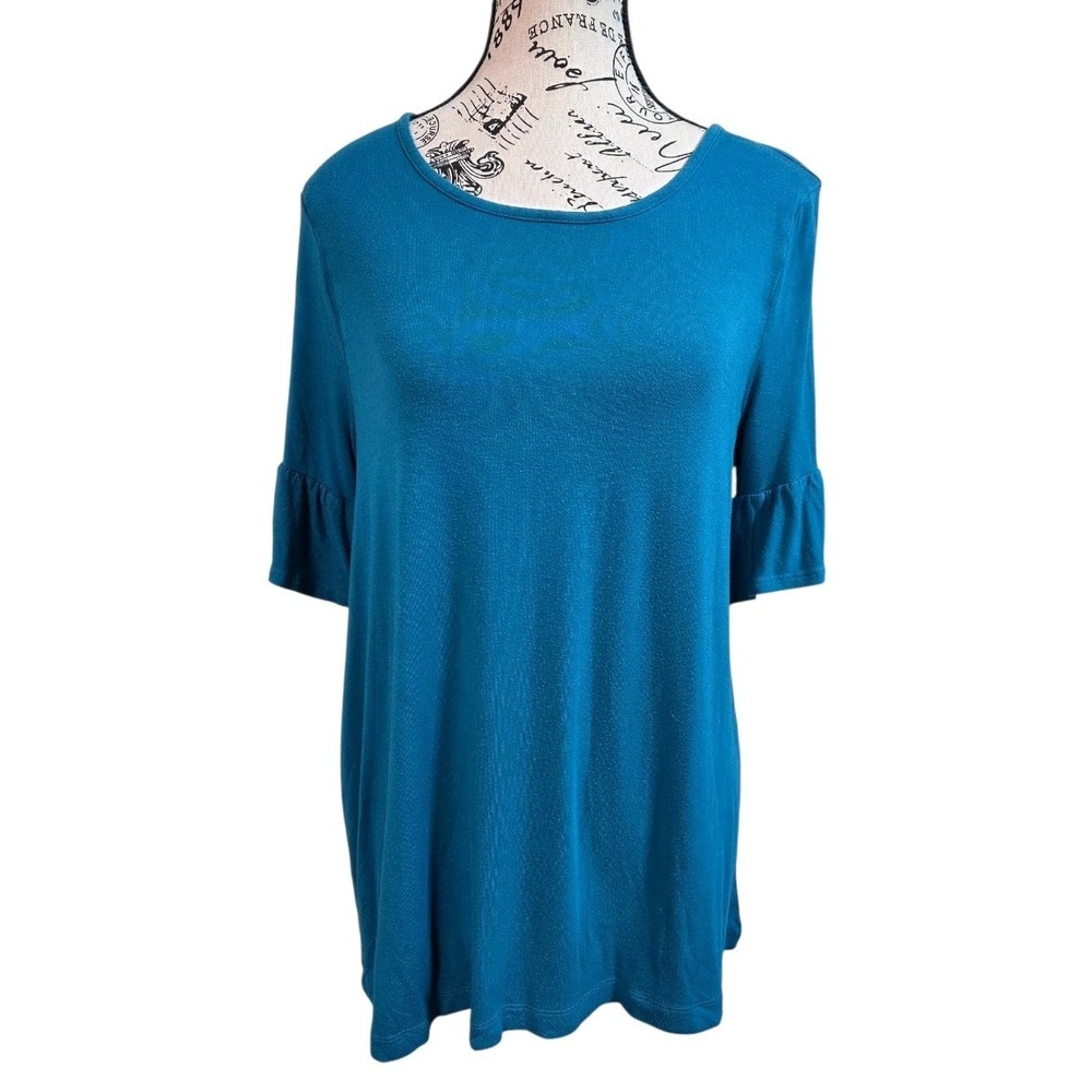 Philosophy Teal Ruffle Flounce Sleeve Top Jewel Tone Relaxed Fit Scoop Neck M